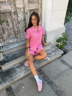 Luliana kortærmet skjorte med striber - Pink/hvid/sort