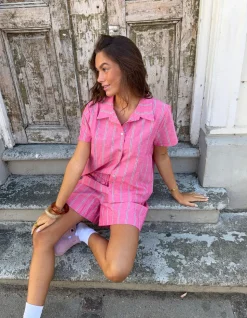 Luliana kortærmet skjorte med striber - Pink/hvid/sort