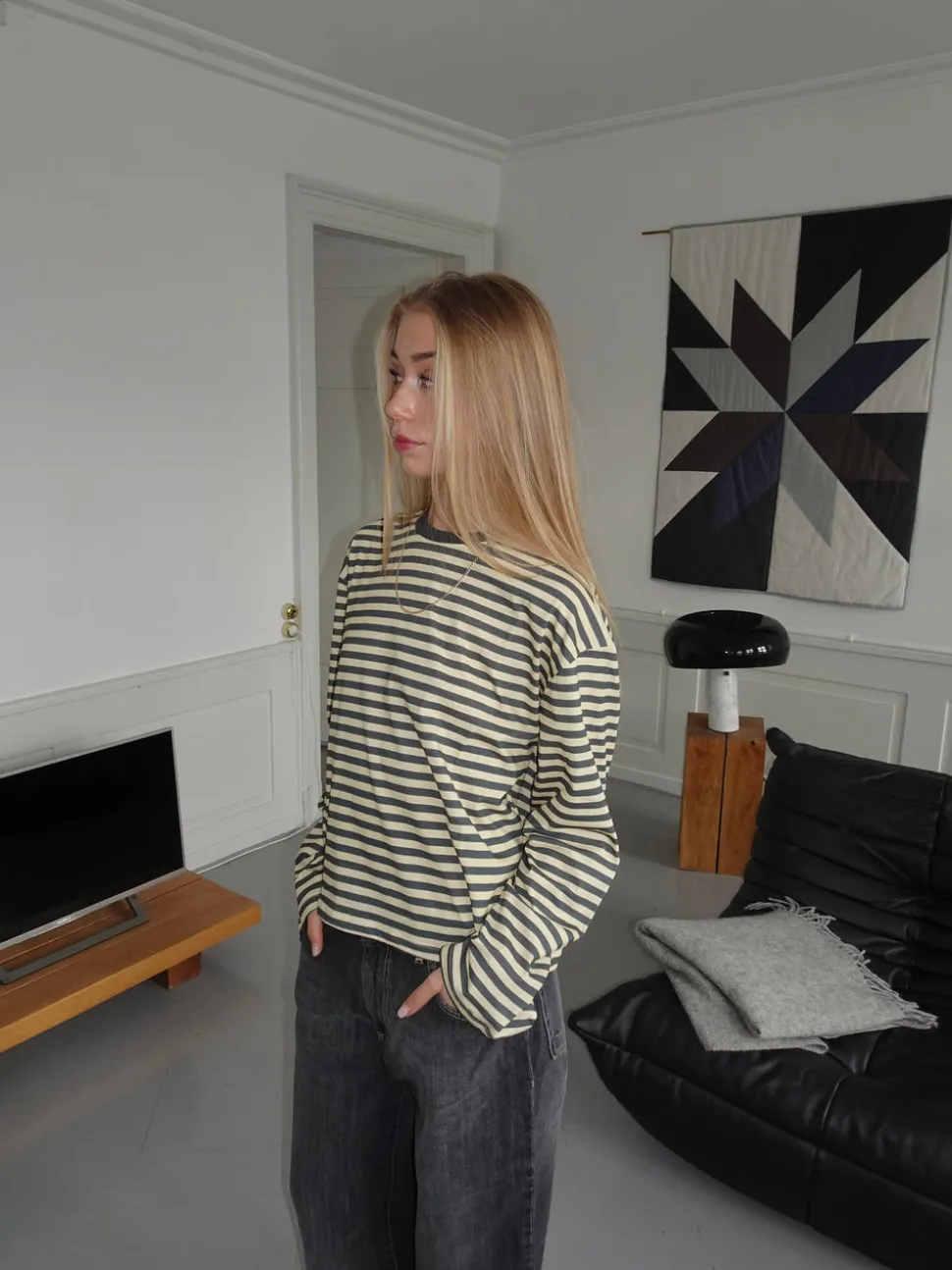 Lura bluse med striber - Gul/grå