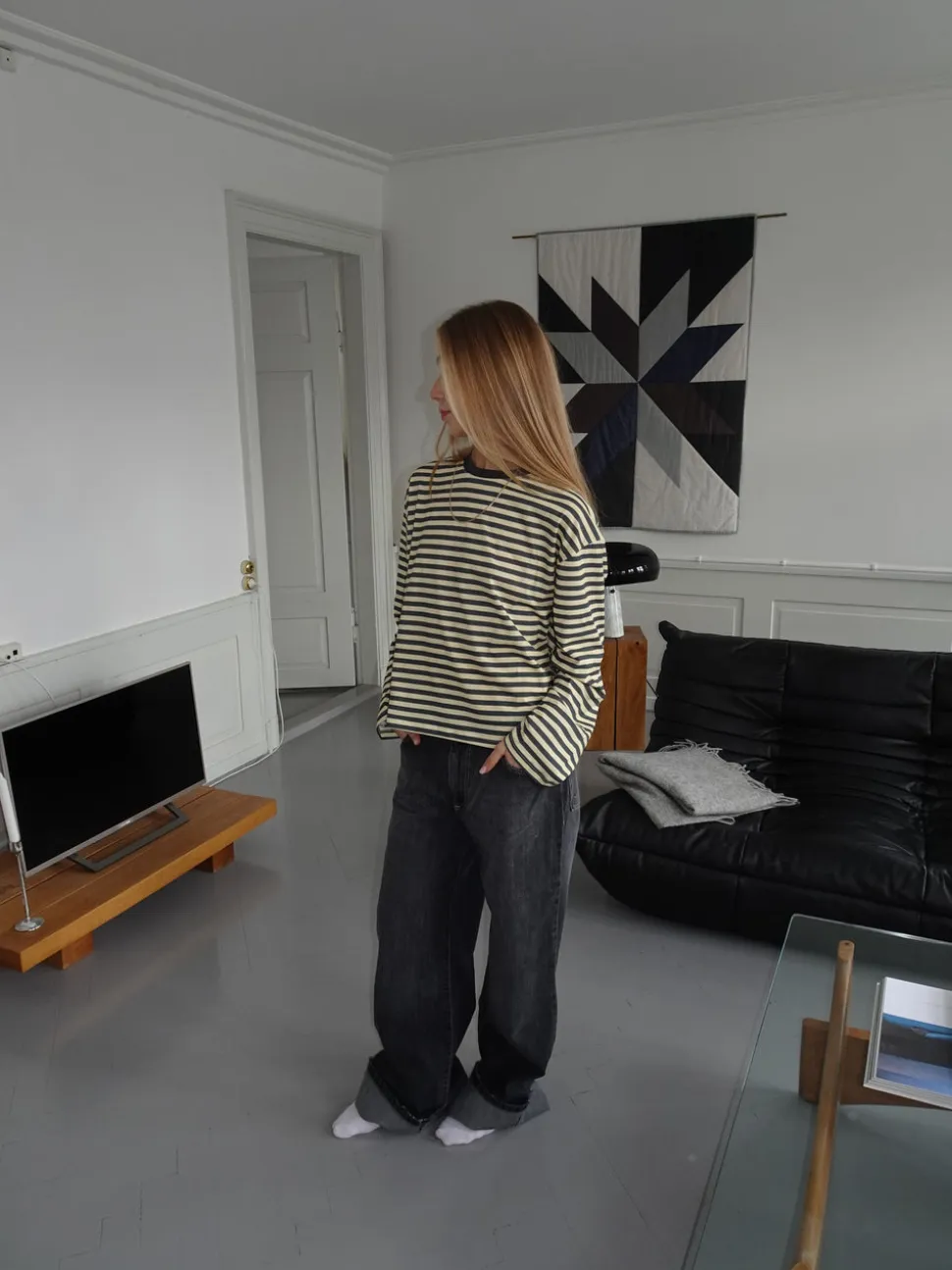Lura bluse med striber - Gul/grå