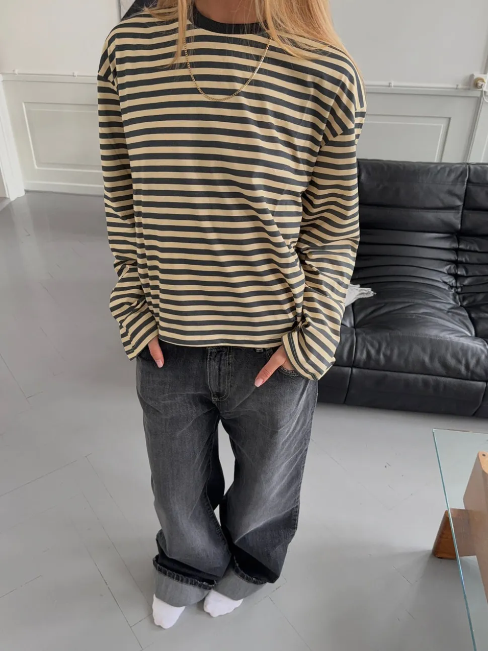 Lura bluse med striber - Gul/grå