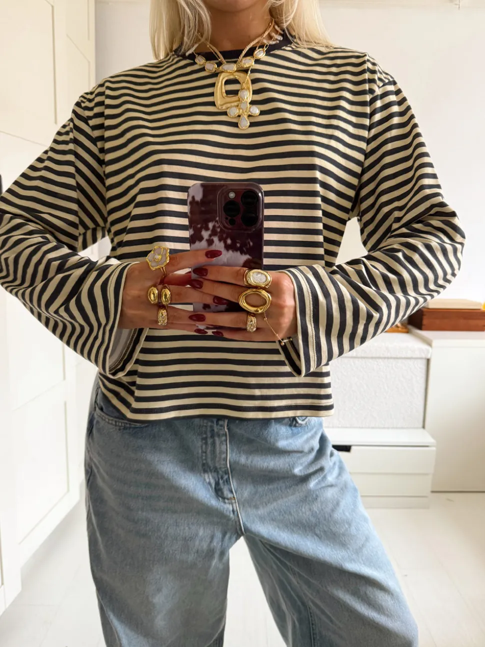 Lura bluse med striber - Gul/grå