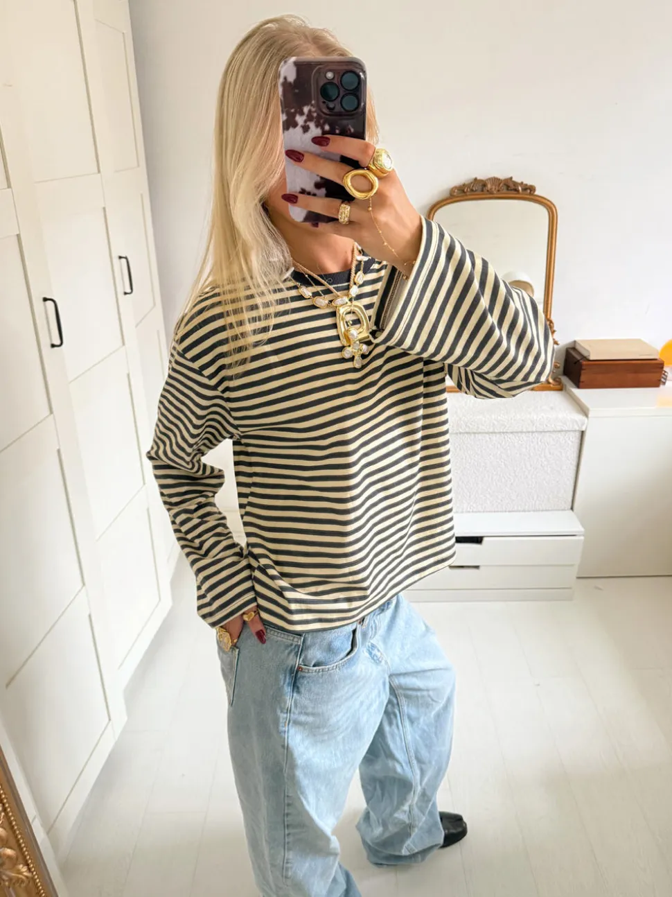 Lura bluse med striber - Gul/grå