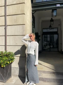 Mandalina denimnederdel med striber- Navy/hvid