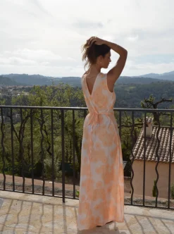 Marielle kjole med blomster - Hvid/orange