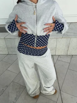 May hoodie med polkaprikker - Grå/navy/hvid