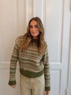 Melia striktrøje med striber - Grøn/beige