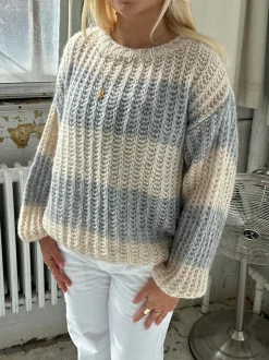 Melly striktrøje med striber - Beige/grå
