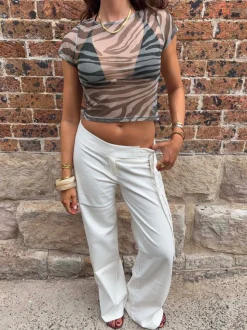 Mesha t-shirt med zebraprint - Kaki/hvid