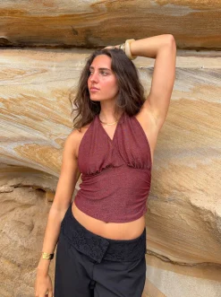 Mira halternecktop med glimmer - Rust