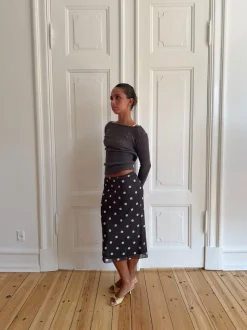 Nielsine mesh nederdel med polkaprikker - Brun/hvid