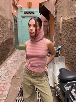 Nova glimmertop med hætte - Lyserød/beige