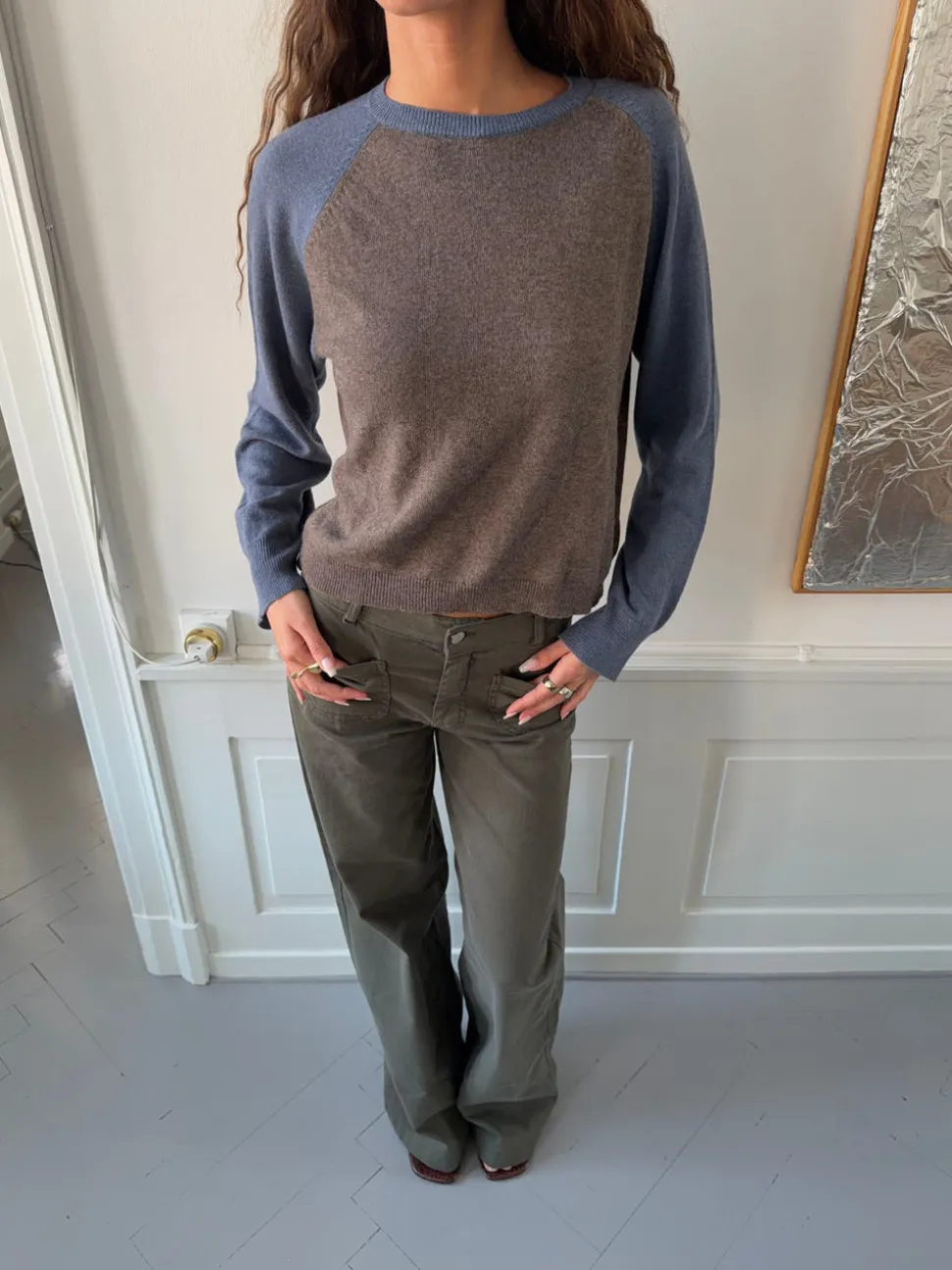 Oliva striktrøje - Blå/brun