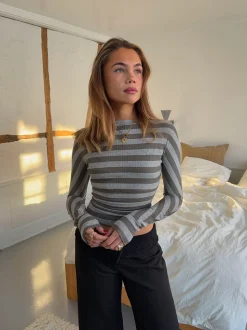 Regitze bluse med striber - Grå/kaki