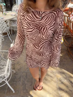Safaria kjole med zebraprint - Off white/brun