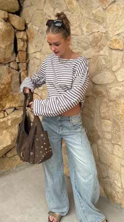 Scandivv bluse med striber - Taupe/hvid