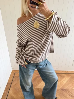 Scandivv bluse med striber - Taupe/hvid