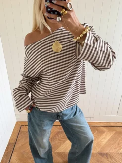 Scandivv bluse med striber - Taupe/hvid