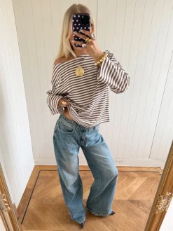Scandivv bluse med striber - Taupe/hvid