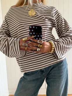 Scandivv bluse med striber - Taupe/hvid