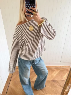 Scandivv bluse med striber - Taupe/hvid