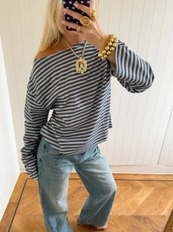 Scandivv bluse med striber - Blå/brun