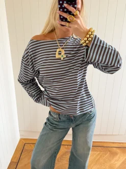Scandivv bluse med striber - Blå/brun