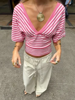 Scandivv bluse med striber - Pink/hvid