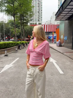 Scandivv bluse med striber - Pink/hvid