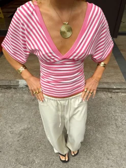 Scandivv bluse med striber - Pink/hvid