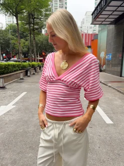 Scandivv bluse med striber - Pink/hvid