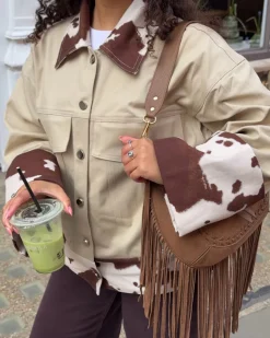Scandivv denimjakke med koprint - Beige/brun/hvid