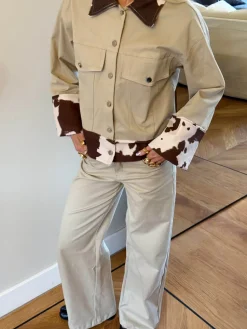 Scandivv denimjakke med koprint - Beige/brun/hvid