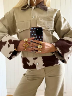 Scandivv denimjakke med koprint - Beige/brun/hvid