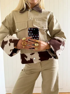 Scandivv denimjakke med koprint - Beige/brun/hvid