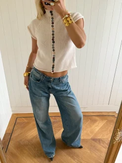 Scandivv kortærmet strik med knapper - Beige/off white