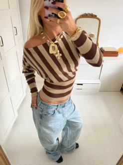 Scandivv tætsiddende bluse med glitter - Brun/guld