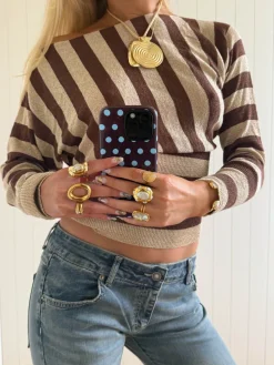 Scandivv tætsiddende bluse med glitter - Brun/guld
