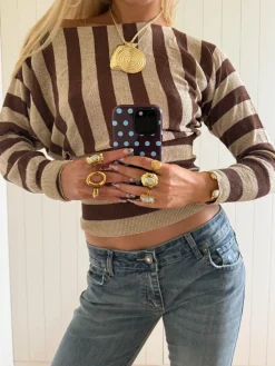 Scandivv tætsiddende bluse med glitter - Brun/guld