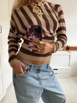 Scandivv tætsiddende bluse med glitter - Brun/guld