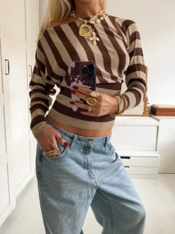 Scandivv tætsiddende bluse med glitter - Brun/guld