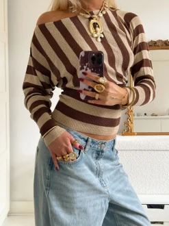 Scandivv tætsiddende bluse med glitter - Brun/guld