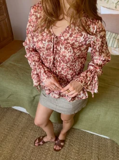 Silina bluse med blomster - Lyserød/brun