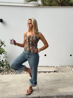 Tanlina top med flæsedetalje - Grøn/brun