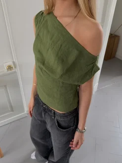 Tiril one shoulder top i hør - Grøn
