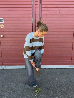 Trish striktrøje med striber - Lyseblå og brun