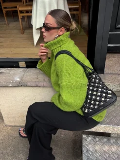 Valdamara oversized striktrøje med turtleneck - Limegrøn