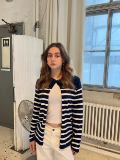 Xenia cardigan med striber - Navy/hvid