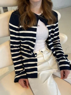 Xenia cardigan med striber - Navy/hvid