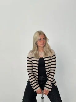 Xenia cardigan med striber - Beige/sort